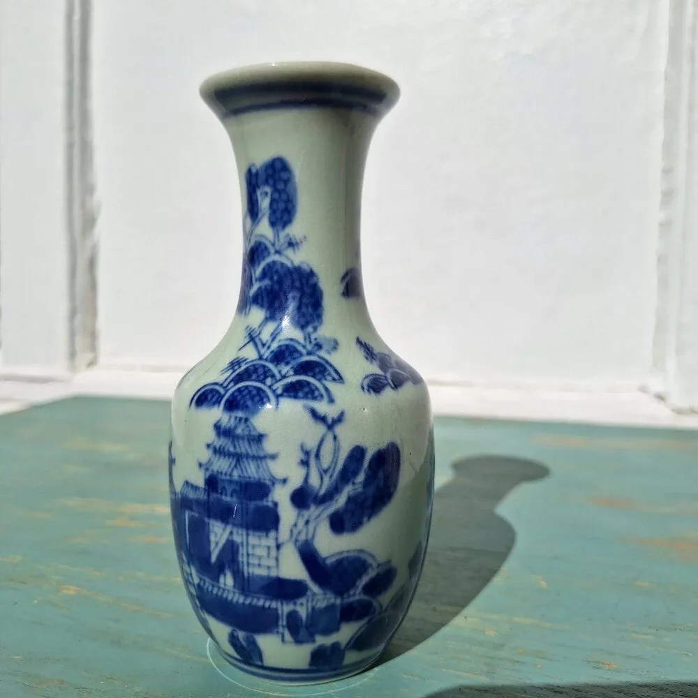 Vintage Porcelain Bud Vase Hand Painted Ancient Chinese Makers Mark Blue Decor - Picture 9 of 14
